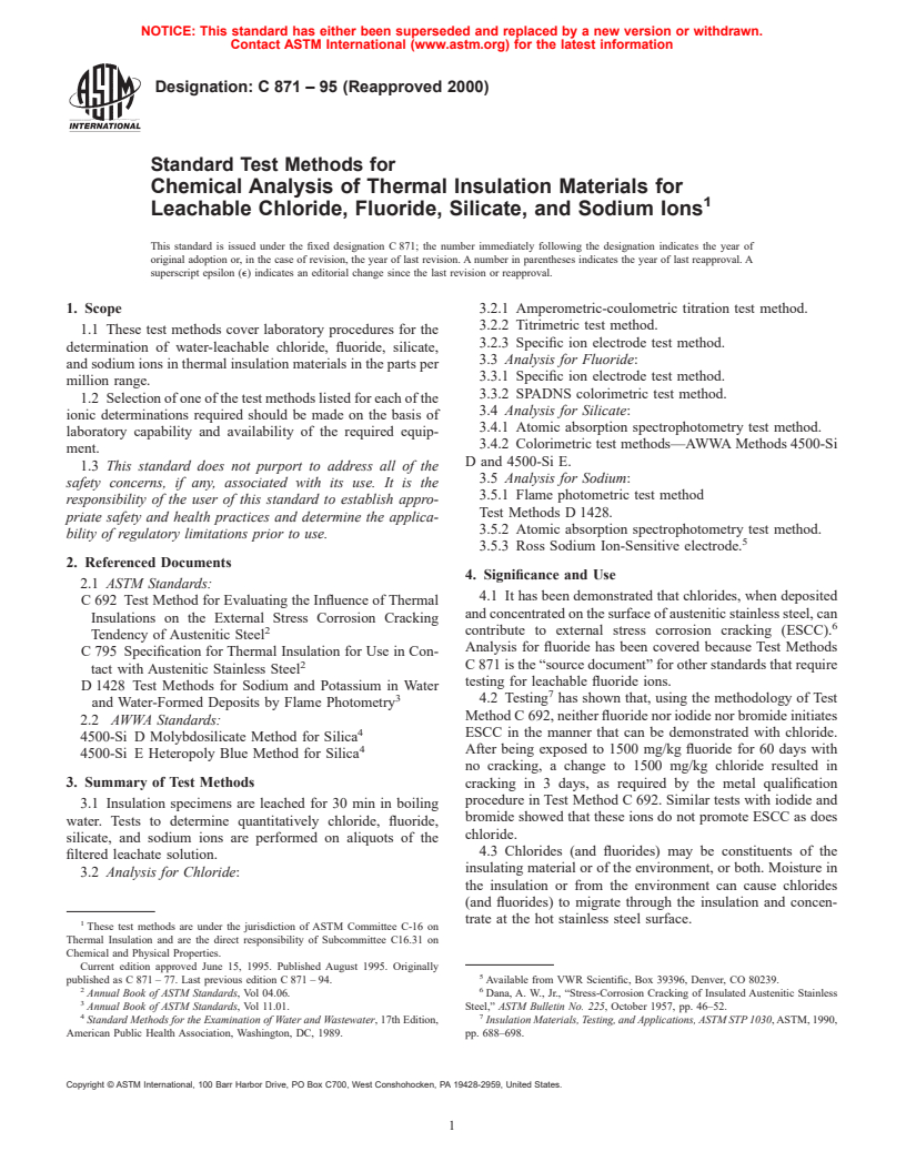 ASTM C871-95(2000) - Standard Test Methods for Chemical Analysis of Thermal Insulation Materials for Leachable Chloride, Fluoride, Silicate, and Sodium Ions