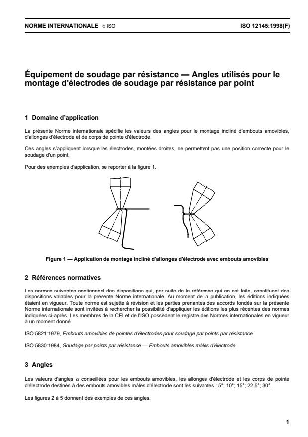 ISO 12145:1998 - Équipement de soudage par résistance -- Angles utilisés pour le montage d'électrodes de soudage par résistance par points