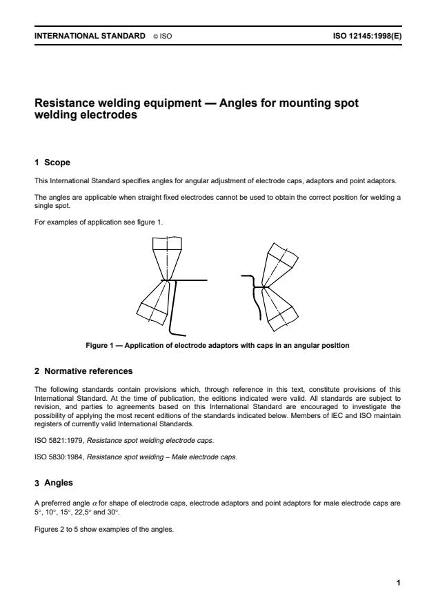 ISO 12145:1998 - Resistance welding equipment -- Angles for mounting spot welding electrodes