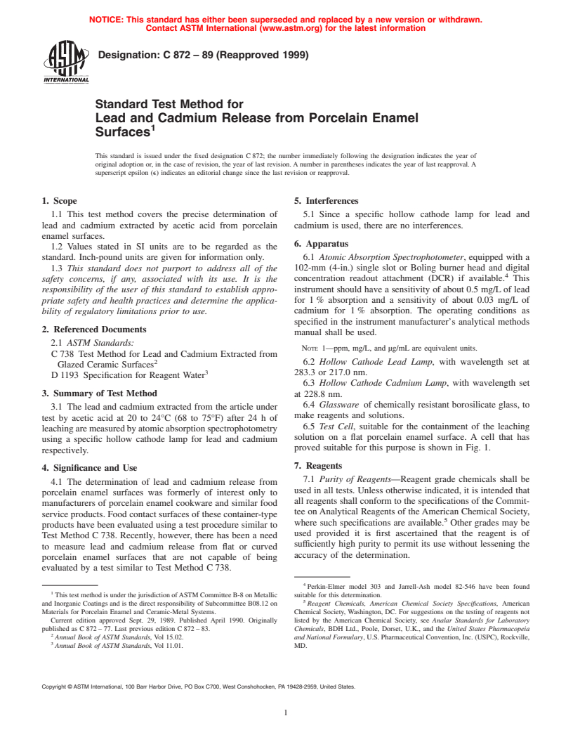 ASTM C872-89(1999) - Standard Test Method for Lead and Cadmium Release from Porcelain Enamel Surfaces