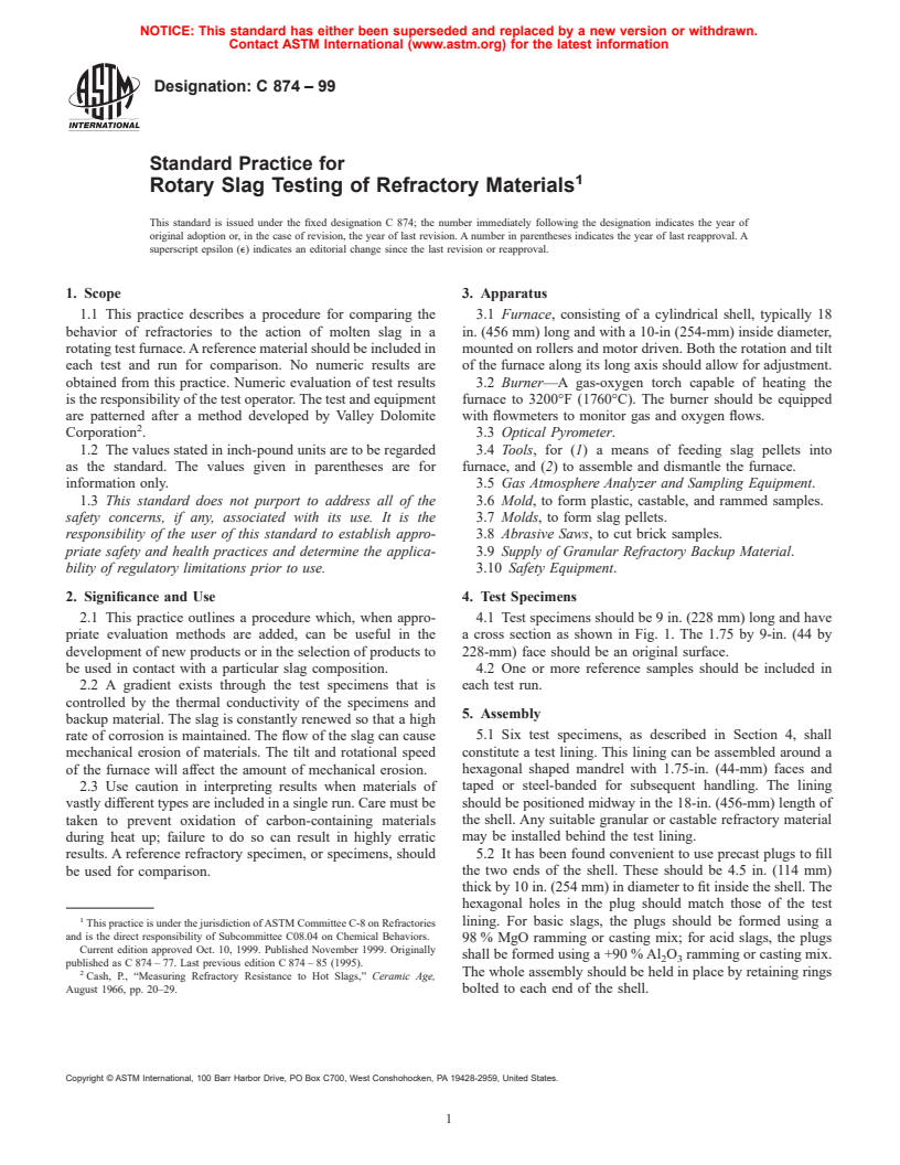 ASTM C874-99 - Standard Practice for Rotary Slag Testing of Refractory Materials