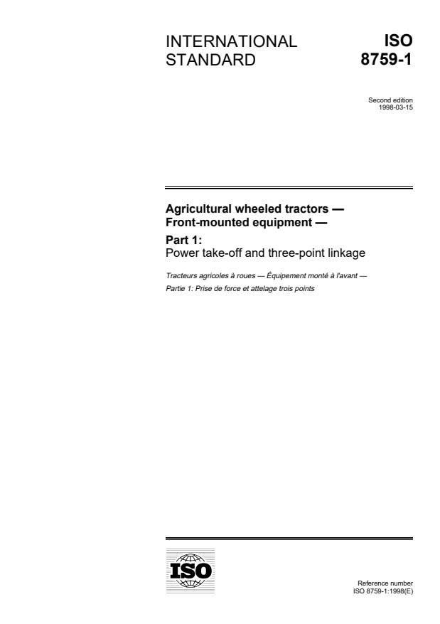 ISO 8759-1:1998 - Agricultural wheeled tractors -- Front-mounted equipment