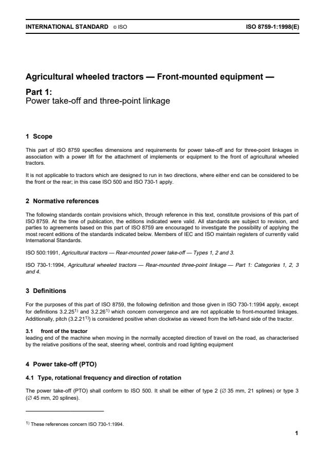 ISO 8759-1:1998 - Agricultural wheeled tractors -- Front-mounted equipment