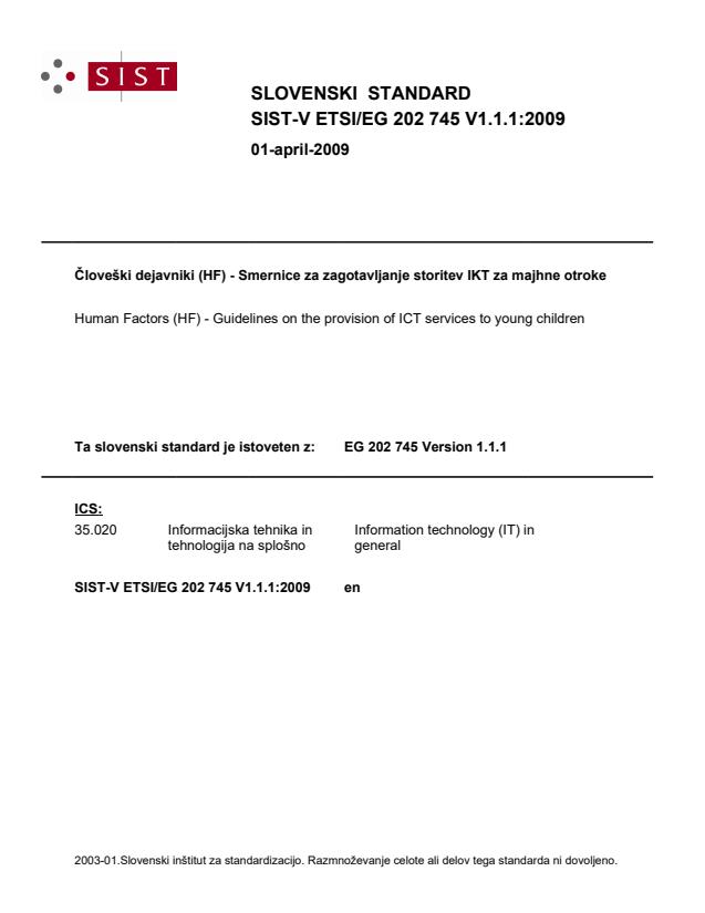 V ETSI/EG 202 745 V1.1.1:2009