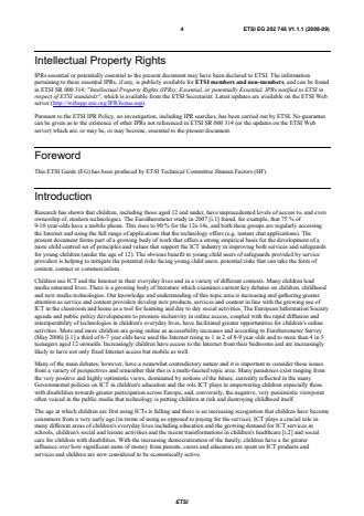SIST-V ETSI/EG 202 745 V1.1.1:2009 ETSI EG 202 745 V1.1.1 (2008-09) - Human Factors (HF); Guidelines on the provision of ICT services to young children - Page 4 preview