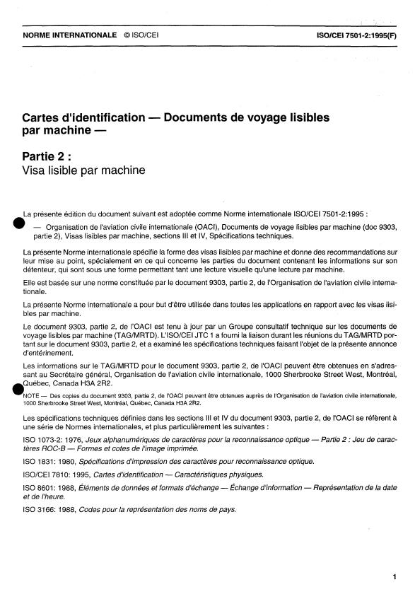 ISO/IEC 7501-2:1995 - Cartes d'identification -- Documents de voyage lisibles par machine