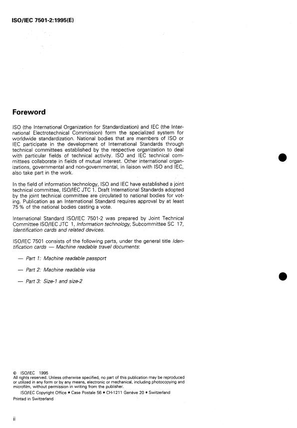 ISO/IEC 7501-2:1995 ISO/IEC 7501-2:1995 - Identification cards -- Machine readable travel documents - Page 2 preview