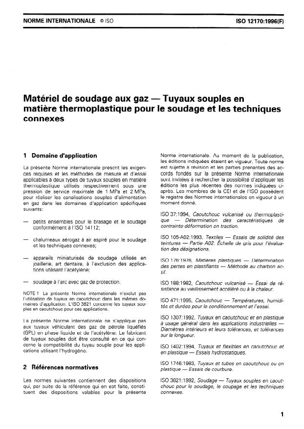 ISO 12170:1996 - Matériel de soudage aux gaz -- Tuyaux souples en matiere thermoplastique pour le soudage et les techniques connexes