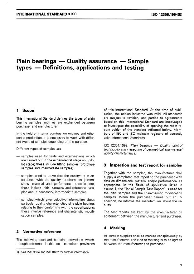 ISO 12308:1994 - Plain bearings -- Quality assurance -- Sample types -- Definitions, applications and testing