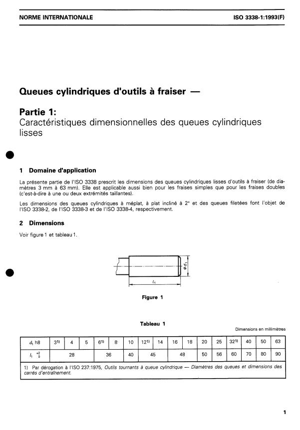 ISO 3338-1:1993 - Queues cylindriques d'outils a fraiser