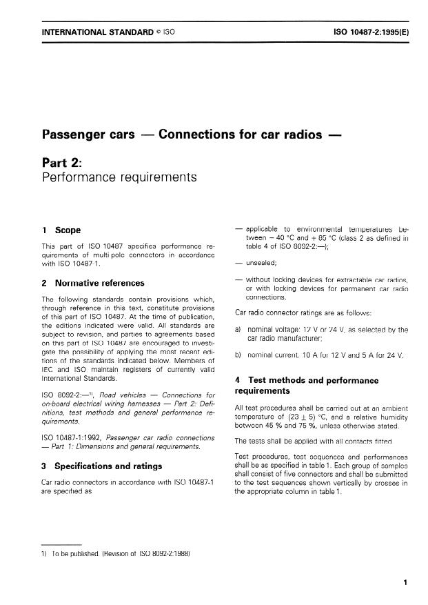 ISO 10487-2:1995 - Passenger cars -- Connections for car radios