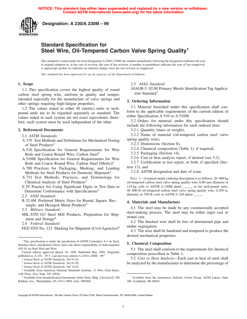 ASTM A230/A230M-99 - Standard Specification for Steel Wire, Oil-Tempered Carbon Valve Spring Quality