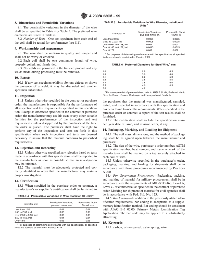 ASTM A230/A230M-99 - Standard Specification for Steel Wire, Oil-Tempered Carbon Valve Spring Quality