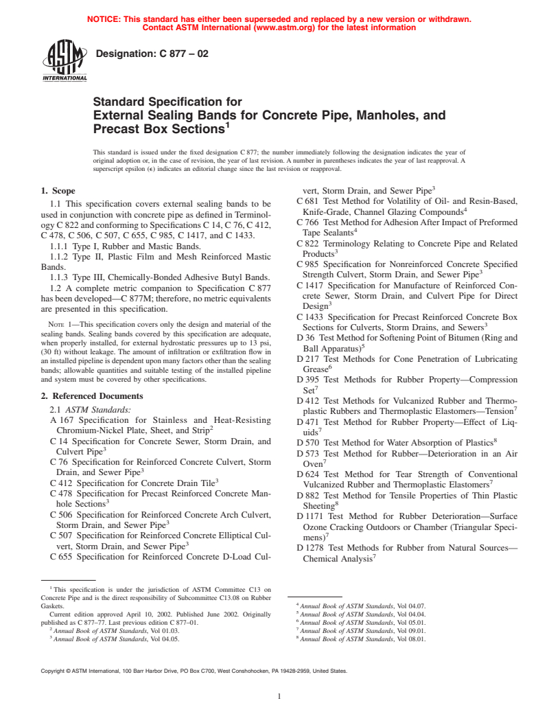 ASTM C877-02 - Standard Specification for External Sealing Bands for Concrete Pipe, Manholes, and Precast Box Sections