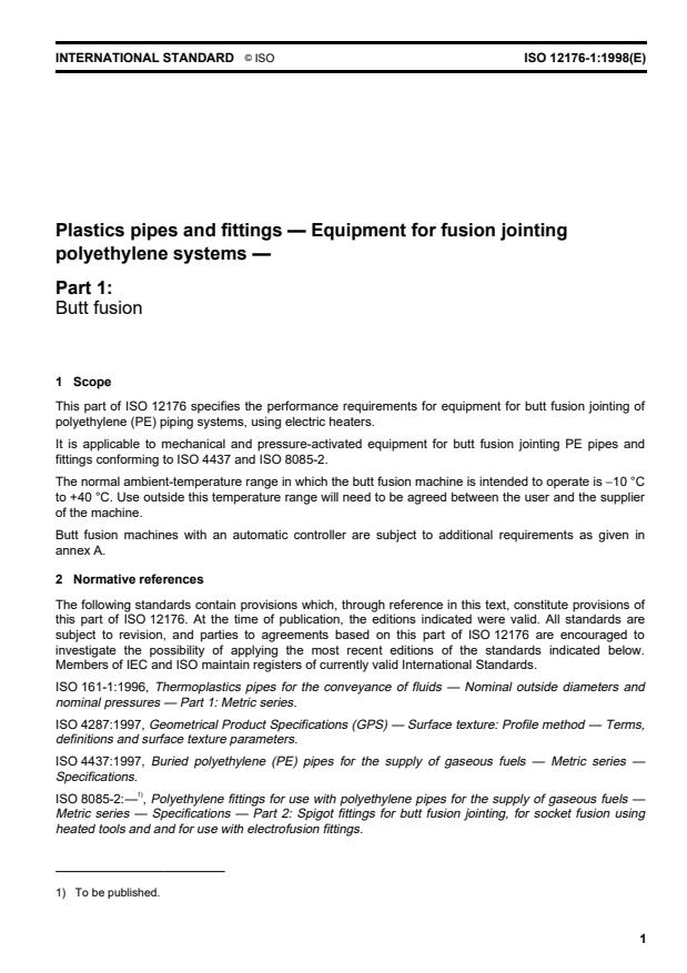 ISO 12176-1:1998 - Plastics pipes and fittings -- Equipment for fusion jointing polyethylene systems