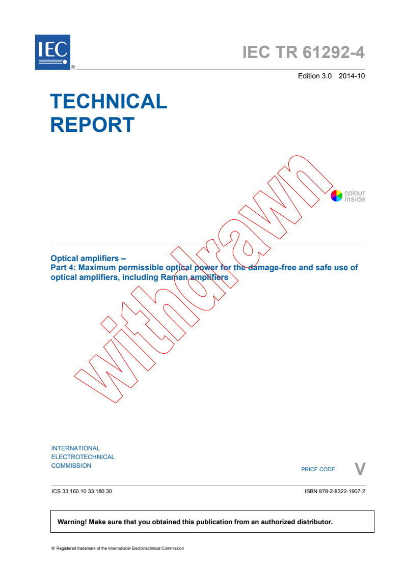 IEC TR 61292-4:2014 - Optical amplifiers - Part 4: Maximum permissible optical power for the damage-free and safe use of optical amplifiers, including Raman amplifiers
Released:10/29/2014
Isbn:9782832219072