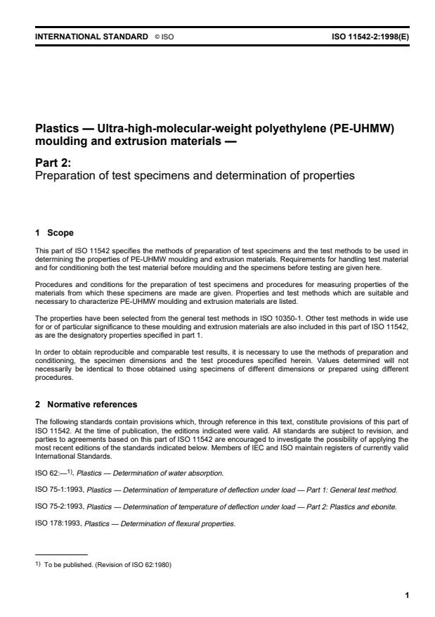 ISO 11542-2:1998 - Plastics -- Ultra-high-molecular-weight polyethylene (PE-UHMW) moulding and extrusion materials