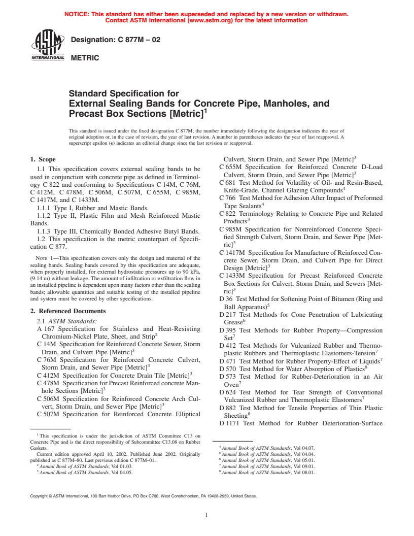 ASTM C877M-02 - Standard Specification for External Sealing Bands for Concrete Pipe, Manholes, and Precast Box Sections (Metric)