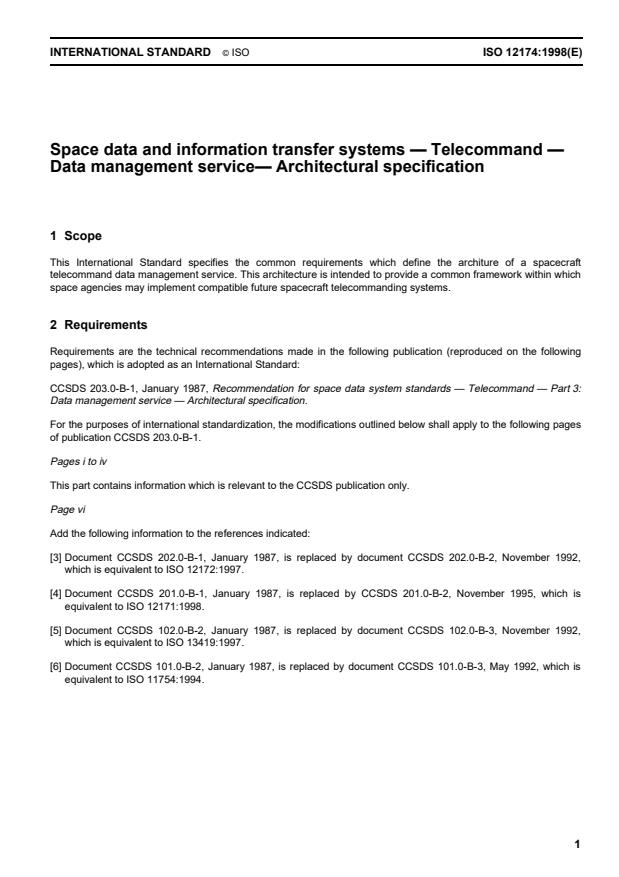 ISO 12174:1998 - Space data and information transfer systems -- Telecommand -- Data management service -- Architectural specification