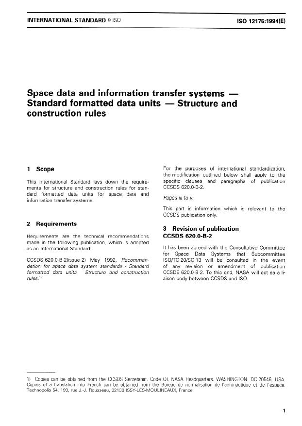 ISO 12175:1994 - Space data and information transfer systems -- Standard formatted data units -- Structure and construction rules