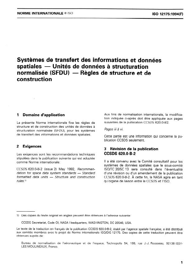 ISO 12175:1994 - Systemes de transfert des informations et données spatiales -- Unités de données a structuration normalisée (SFDU) -- Regles de structure et de construction