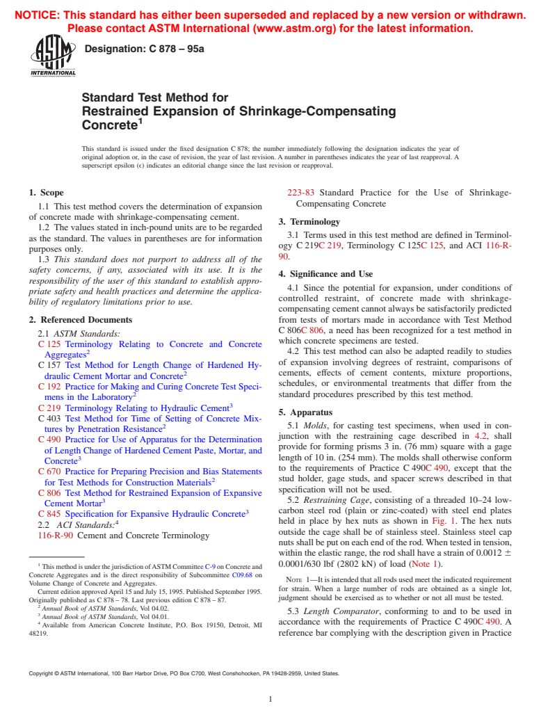 ASTM C878-95a - Standard Test Method for Restrained Expansion of Shrinkage-Compensating Concrete