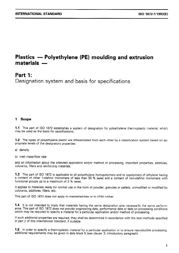 ISO 1872-1:1993 - Plastics -- Polyethylene (PE) moulding and extrusion materials