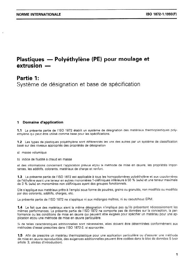 ISO 1872-1:1993 - Plastiques -- Polyéthylene (PE) pour moulage et extrusion
