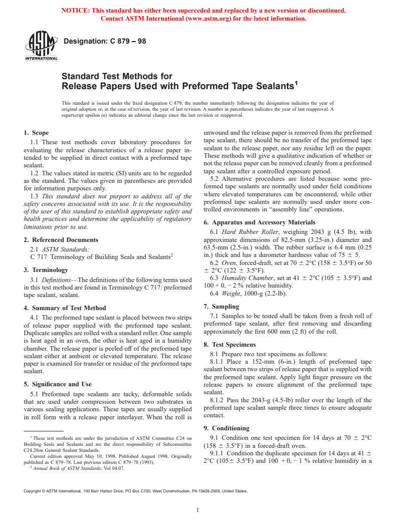 ASTM C879-98 - Standard Test Methods for Release Papers Used With Preformed Tape Sealants