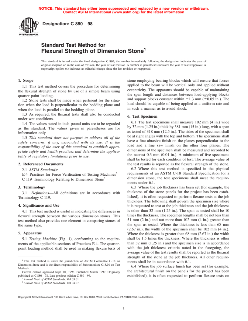 ASTM C880-98 - Standard Test Method for Flexural Strength of Dimension Stone