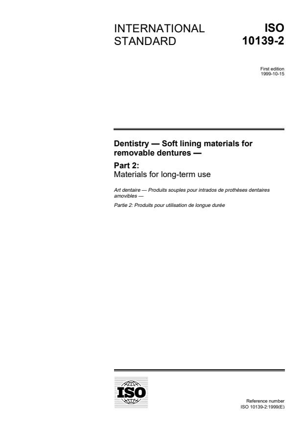 ISO 10139-2:1999 - Dentistry -- Soft lining materials for removable dentures