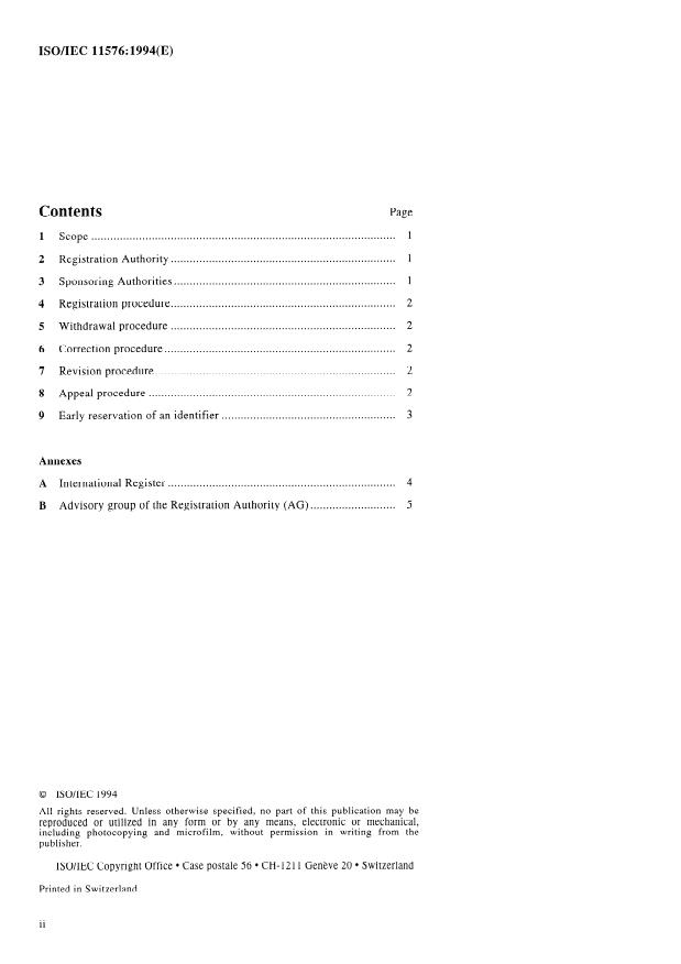 ISO/IEC 11576:1994 ISO/IEC 11576:1994 - Information technology -- Procedure for the registration of algorithms for the lossless compression of data - Page 2 preview