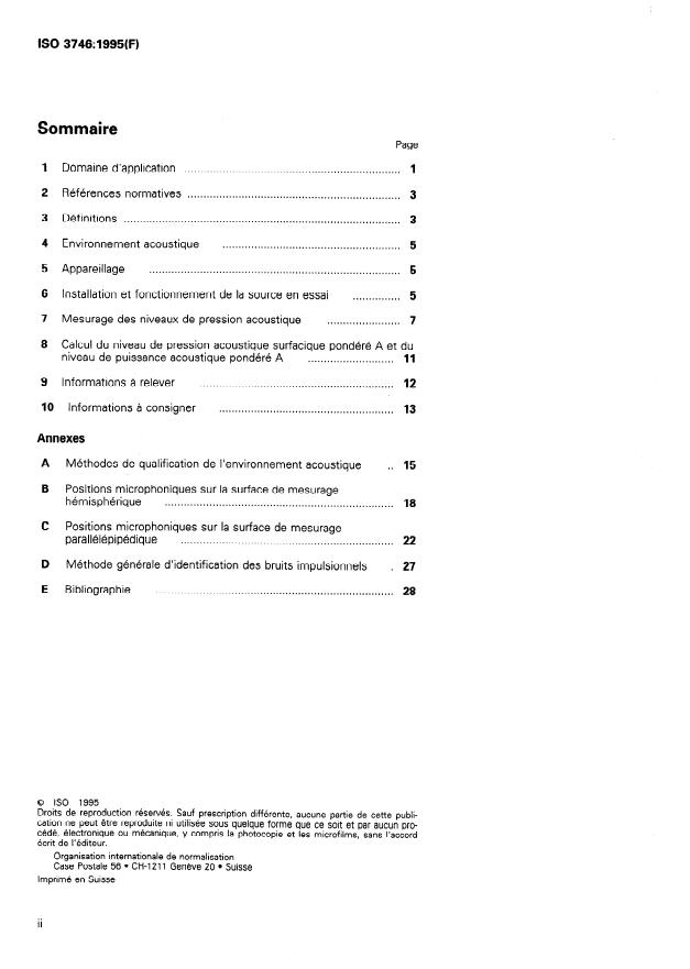 ISO 3746:1995 ISO 3746:1995 - Acoustique -- Détermination des niveaux de puissance acoustique émis par les sources de bruit a partir de la pression acoustique -- Méthode de contrôle employant une surface de mesure enveloppante au-dessus d'un plan réfléchissant - Page 2 preview