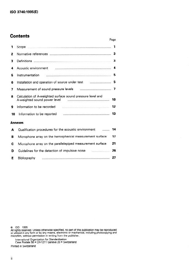 ISO 3746:1995 ISO 3746:1995 - Acoustics -- Determination of sound power levels of noise sources using sound pressure -- Survey method using an enveloping measurement surface over a reflecting plane - Page 2 preview