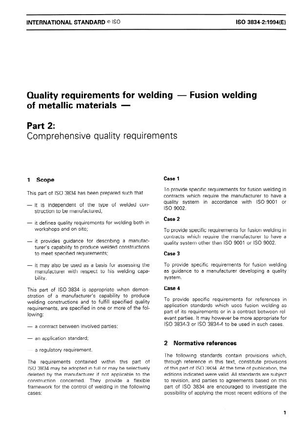 ISO 3834-2:1994 - Quality requirements for welding -- Fusion welding of metallic materials