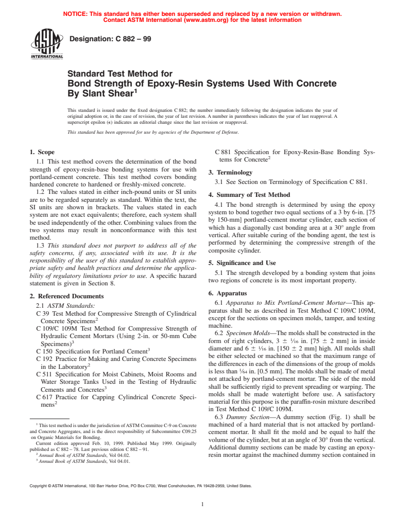 ASTM C882-99 - Standard Test Method for Bond Strength of Epoxy-Resin Systems Used With Concrete By Slant Shear