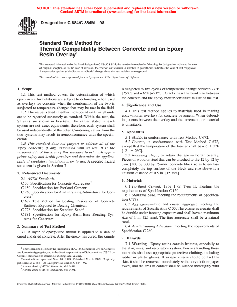 ASTM C884/C884M-98 - Standard Test Method for Thermal Compatibility Between Concrete and an Epoxy-Resin Overlay