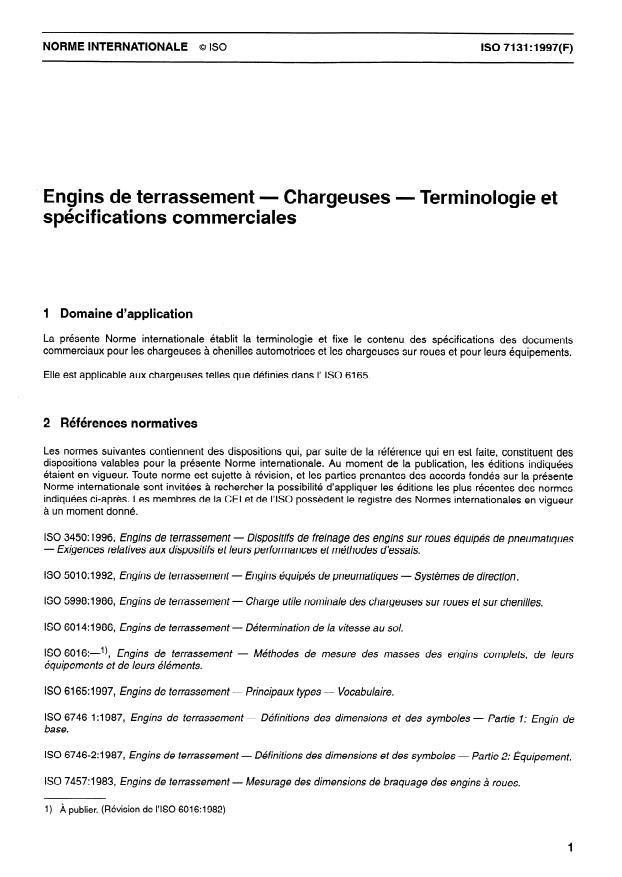 ISO 7131:1997 - Engins de terrassement -- Chargeuses -- Terminologie et spécifications commerciales