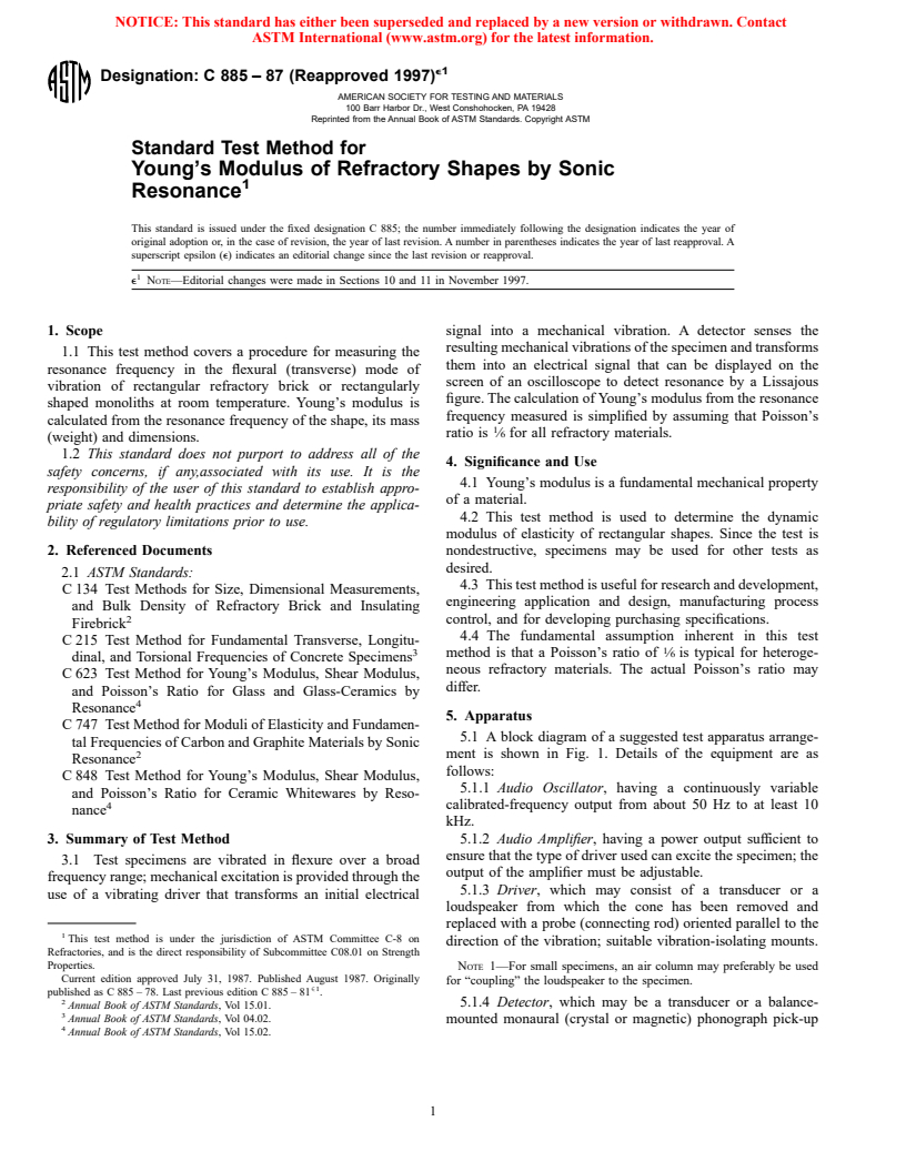 ASTM C885-87(1997)e1 - Standard Test Method for Young's Modulus of Refractory Shapes by Sonic Resonance