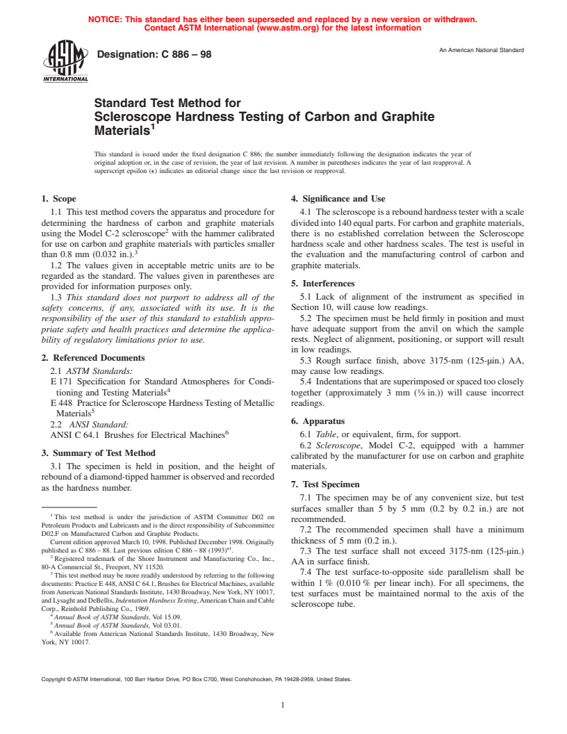 ASTM C886-98 - Standard Test Method for Scleroscope Hardness Testing of Carbon and Graphite Materials