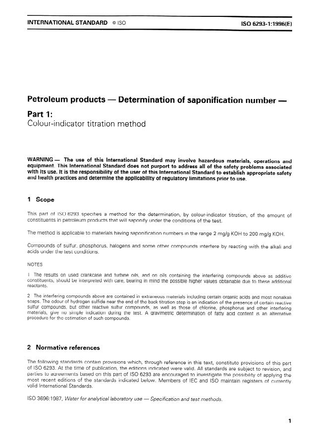ISO 6293-1:1996 - Petroleum products -- Determination of saponification number