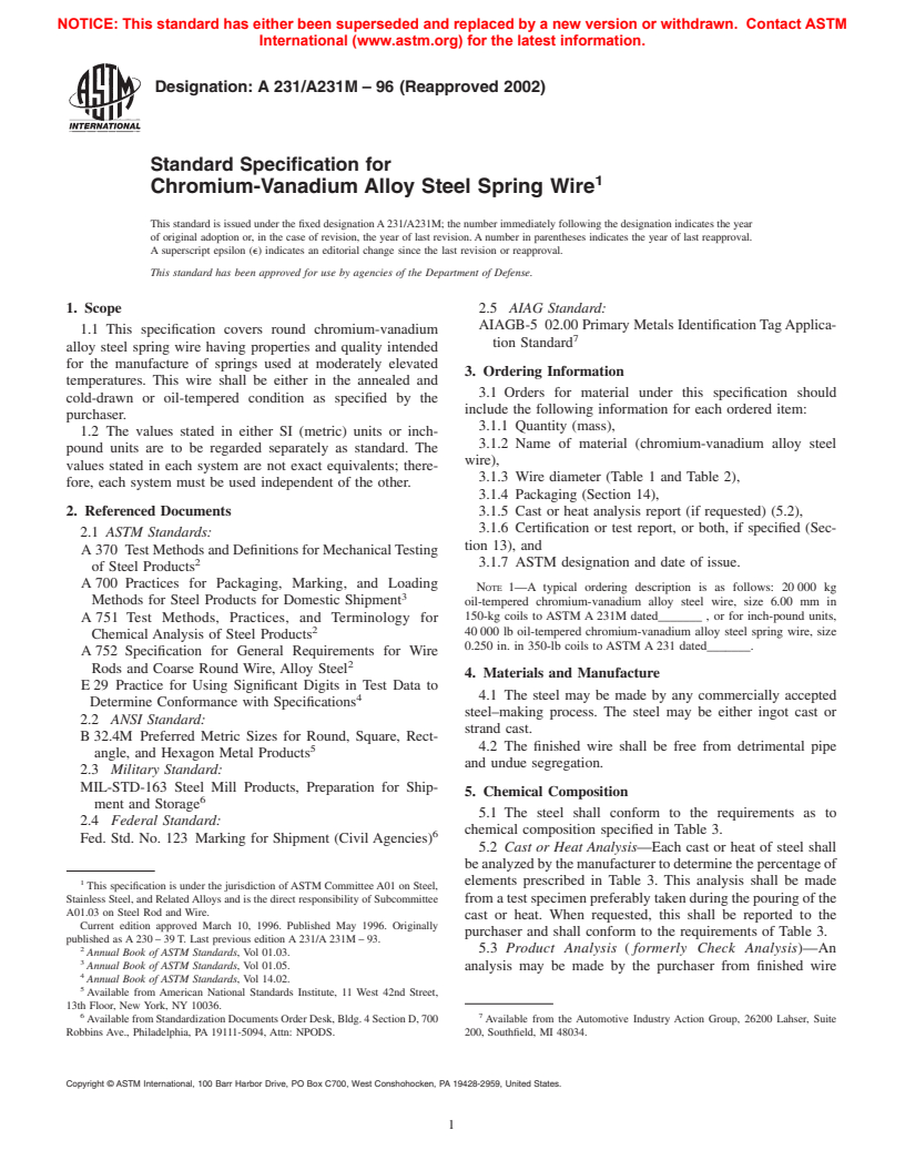 ASTM A231/A231M-96(2002) - Standard Specification for Chromium-Vanadium Alloy Steel Spring Wire