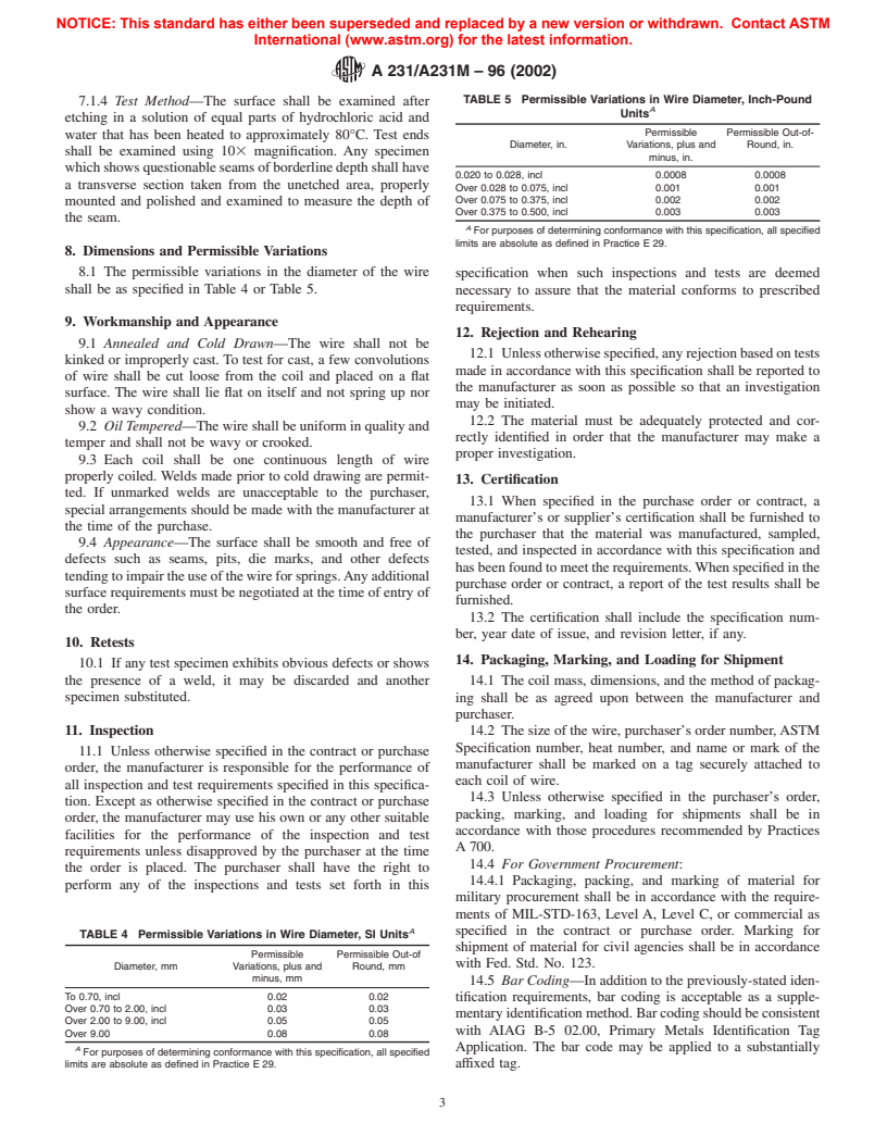 ASTM A231/A231M-96(2002) - Standard Specification for Chromium-Vanadium Alloy Steel Spring Wire