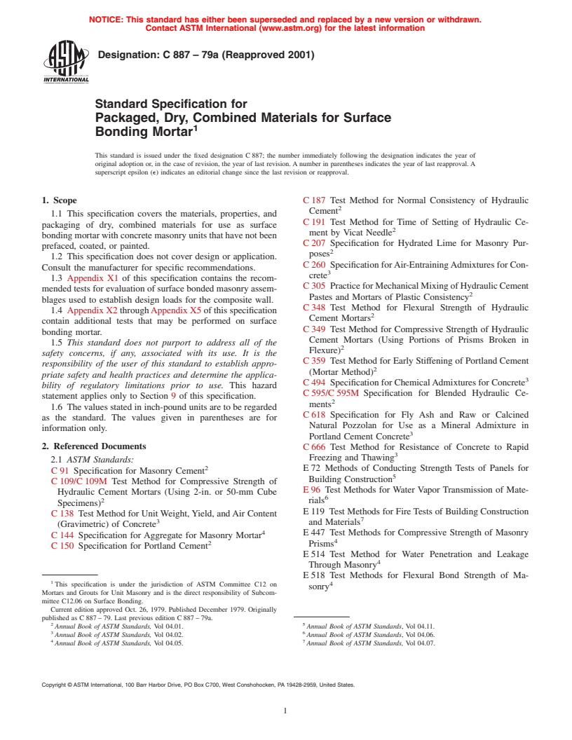 ASTM C887-79a(2001) - Standard Specification for Packaged, Dry, Combined Materials for Surface Bonding Mortar