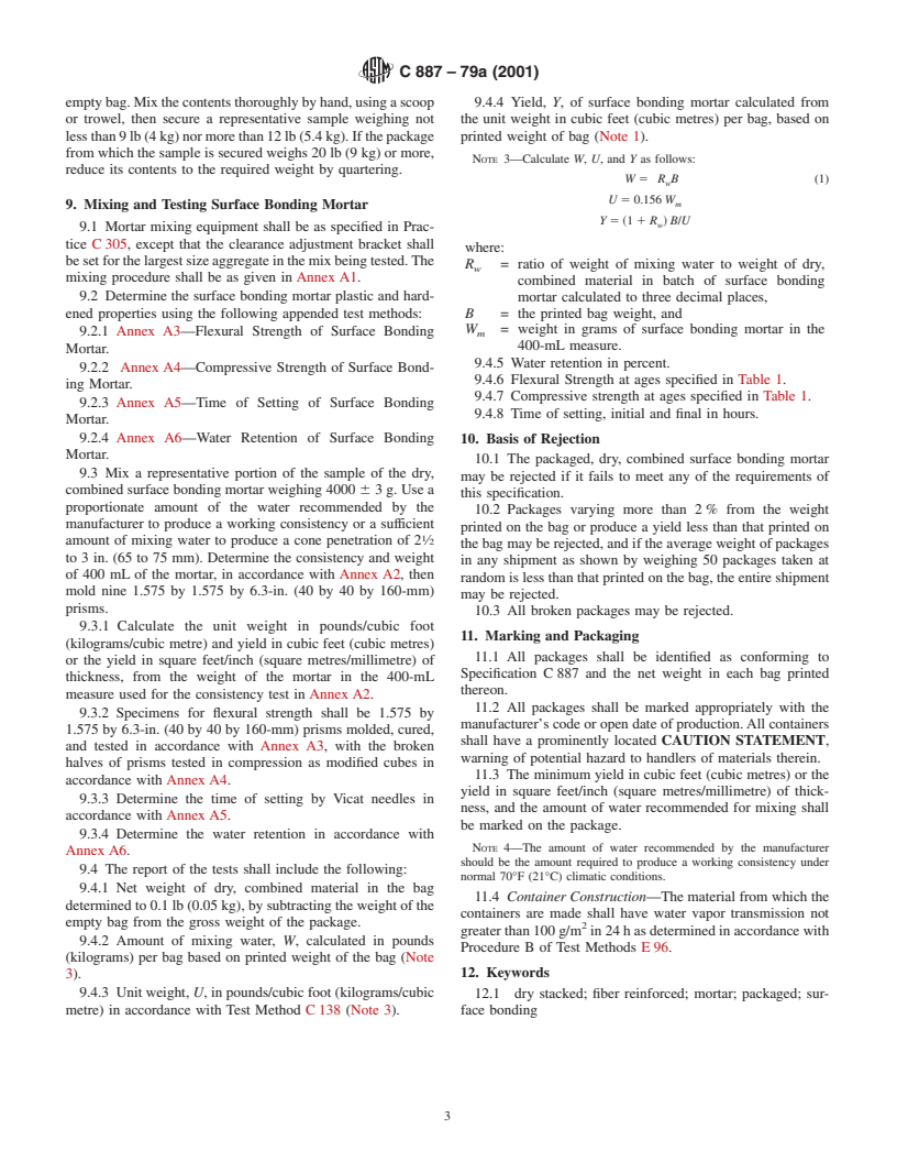 ASTM C887-79a(2001) - Standard Specification for Packaged, Dry, Combined Materials for Surface Bonding Mortar