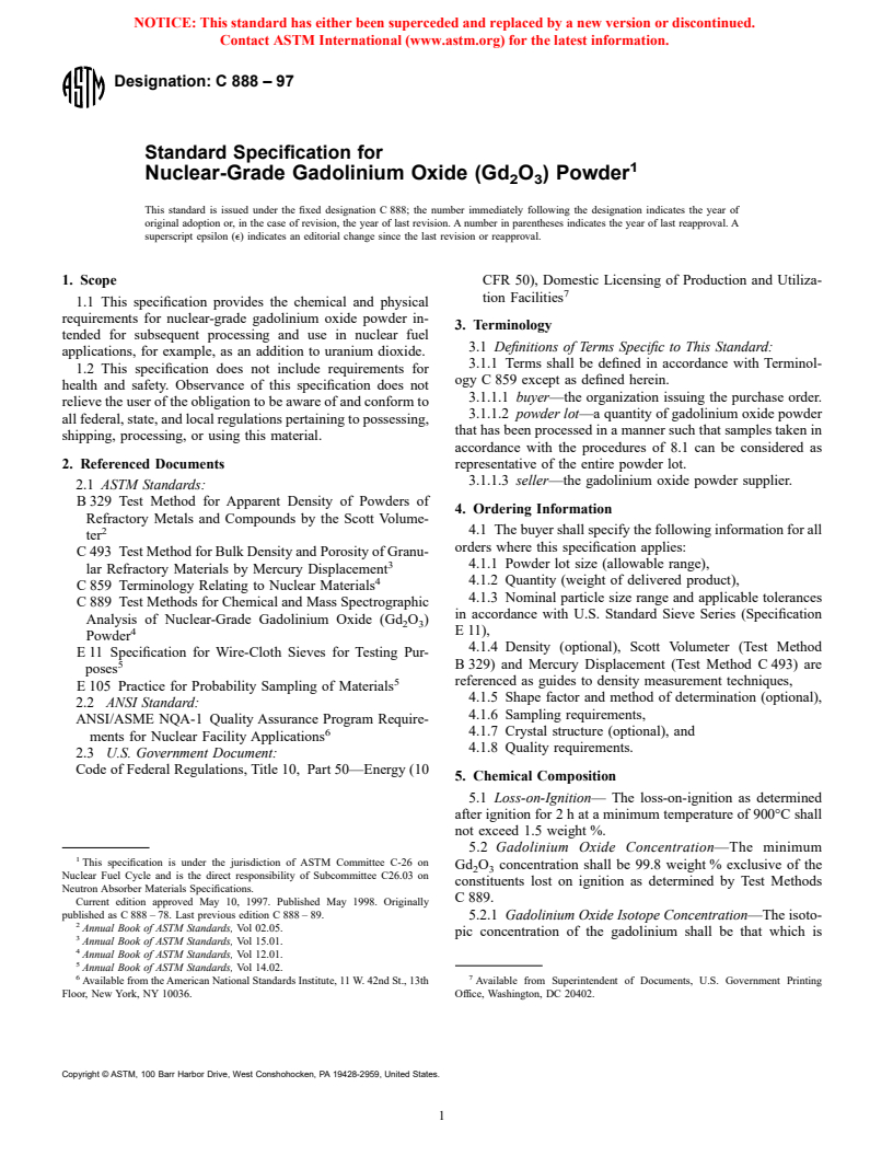 ASTM C888-97 - Standard Specification for Nuclear-Grade Gadolinium Oxide (Gd<sub>2</sub>O<sub>3</sub>) Powder