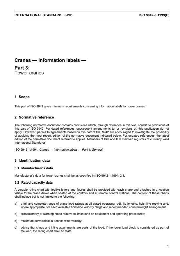 ISO 9942-3:1999 - Cranes -- Information labels