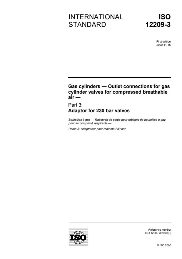 ISO 12209-3:2000 - Gas cylinders -- Outlet connections for gas cylinder valves for compressed breathable air