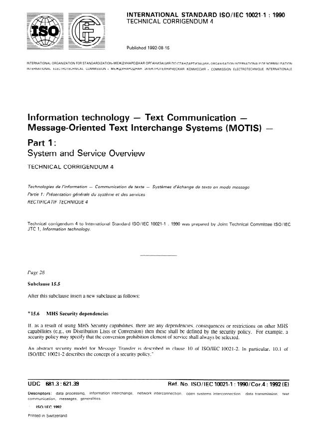 ISO/IEC 10021-1:1990/Cor 4:1992