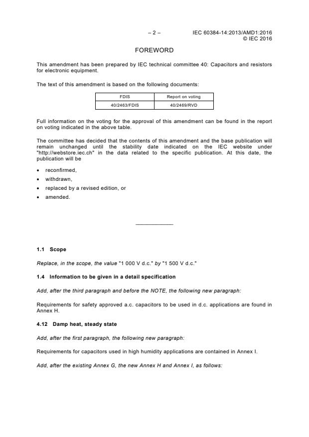 IEC 60384-14:2013/AMD1:2016 IEC 60384-14:2013/AMD1:2016 - Amendment 1 - Fixed capacitors for use in electronic equipment - Part 14: Sectional specification - Fixed capacitors for electromagnetic interference suppression and connection to the supply mains - Page 4 preview
